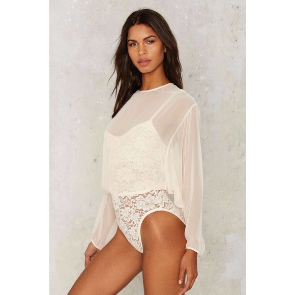 Hot as Hell Tops - HAH Hot As Hell Bodysuit Mama Jen Lace Medium White Ivory Long Sleeve Chiffon